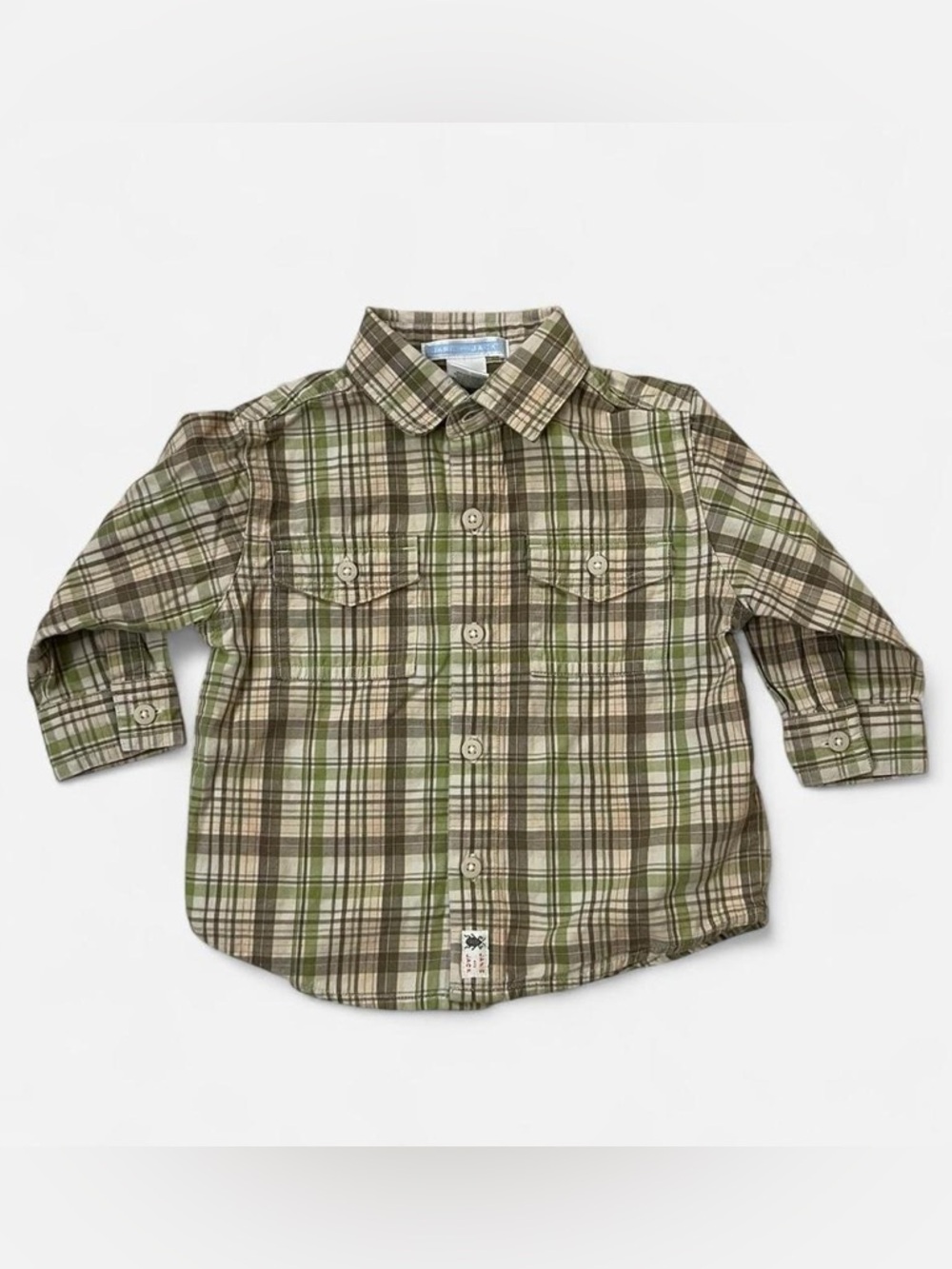 Janie and Jack Olive Green & Brown Plaid Button-Down Shirt